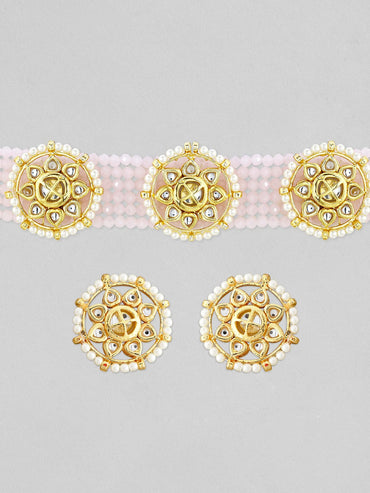 Rubans Gold-Plated Pink Stone-Studded Beaded Jewellery Set Jewellery Set