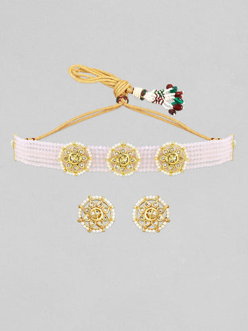 Rubans Gold-Plated Pink Stone-Studded Beaded Jewellery Set Jewellery Set