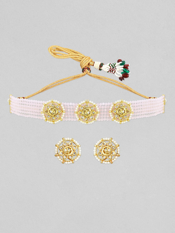 Rubans Gold-Plated Pink Stone-Studded Beaded Jewellery Set Jewellery Set