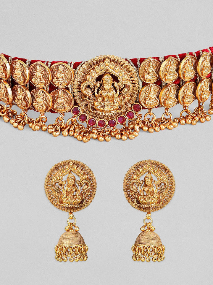 Rubans Gold Plated Pink Stone Studded Gold Hangings Goddess Choker Set. Necklace Set