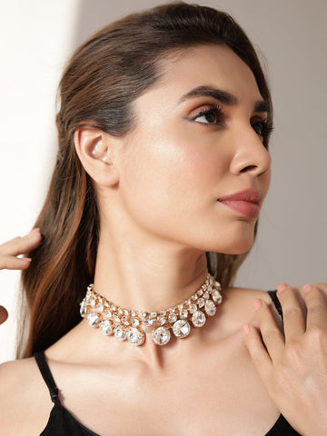 Rubans Gold Plated Plated Cubic Zirconia-Studded 3-Layer Choker Necklace Necklace & Chains