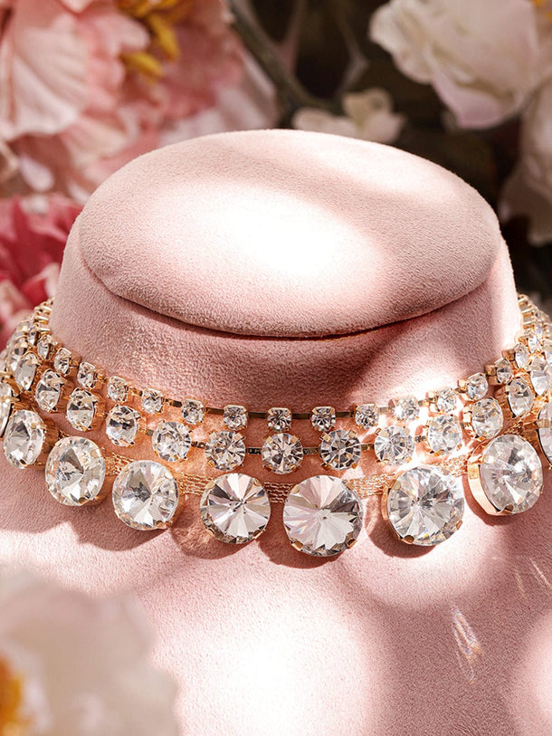 Rubans Gold Plated Plated Cubic Zirconia-Studded 3-Layer Choker Necklace Necklace & Chains