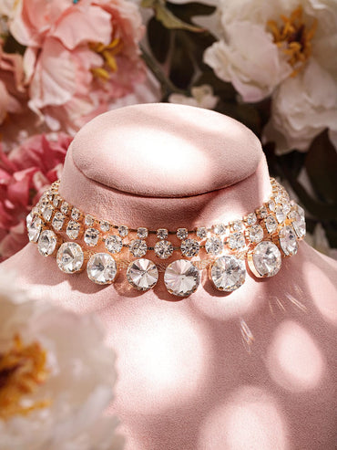 Rubans Gold Plated Plated Cubic Zirconia-Studded 3-Layer Choker Necklace Necklace & Chains