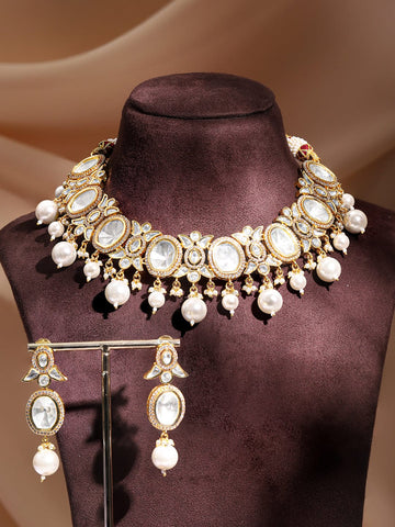 Rubans Gold Plated Polki Necklace Set with Pearl Necklaces, Necklace Sets, Chains & Mangalsutra