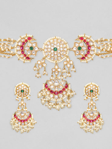 Rubans Gold Plated Polki Studded Red Enamel Beaded Choker Necklace Set Necklace Set