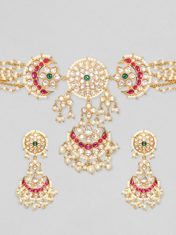 Rubans Gold Plated Polki Studded Red Enamel Beaded Choker Necklace Set Necklace Set