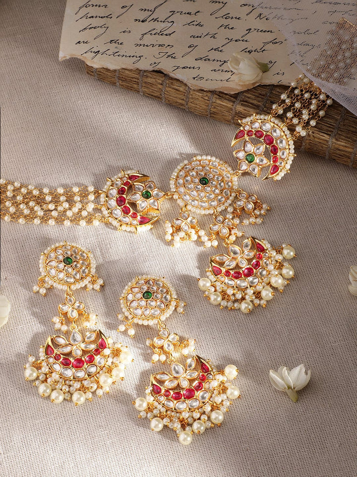 Rubans Gold Plated Polki Studded Red Enamel Beaded Choker Necklace Set Necklaces, Necklace Sets, Chains & Mangalsutra