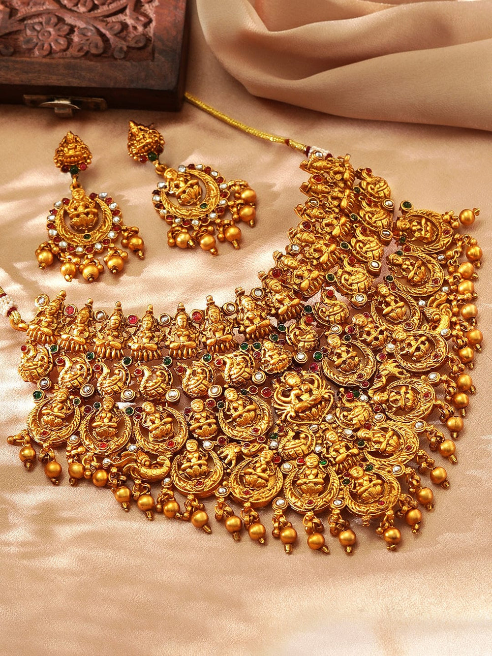 Rubans Gold-Plated Red & Green Stone-Studded Temple Jewellery-Set Necklace Set