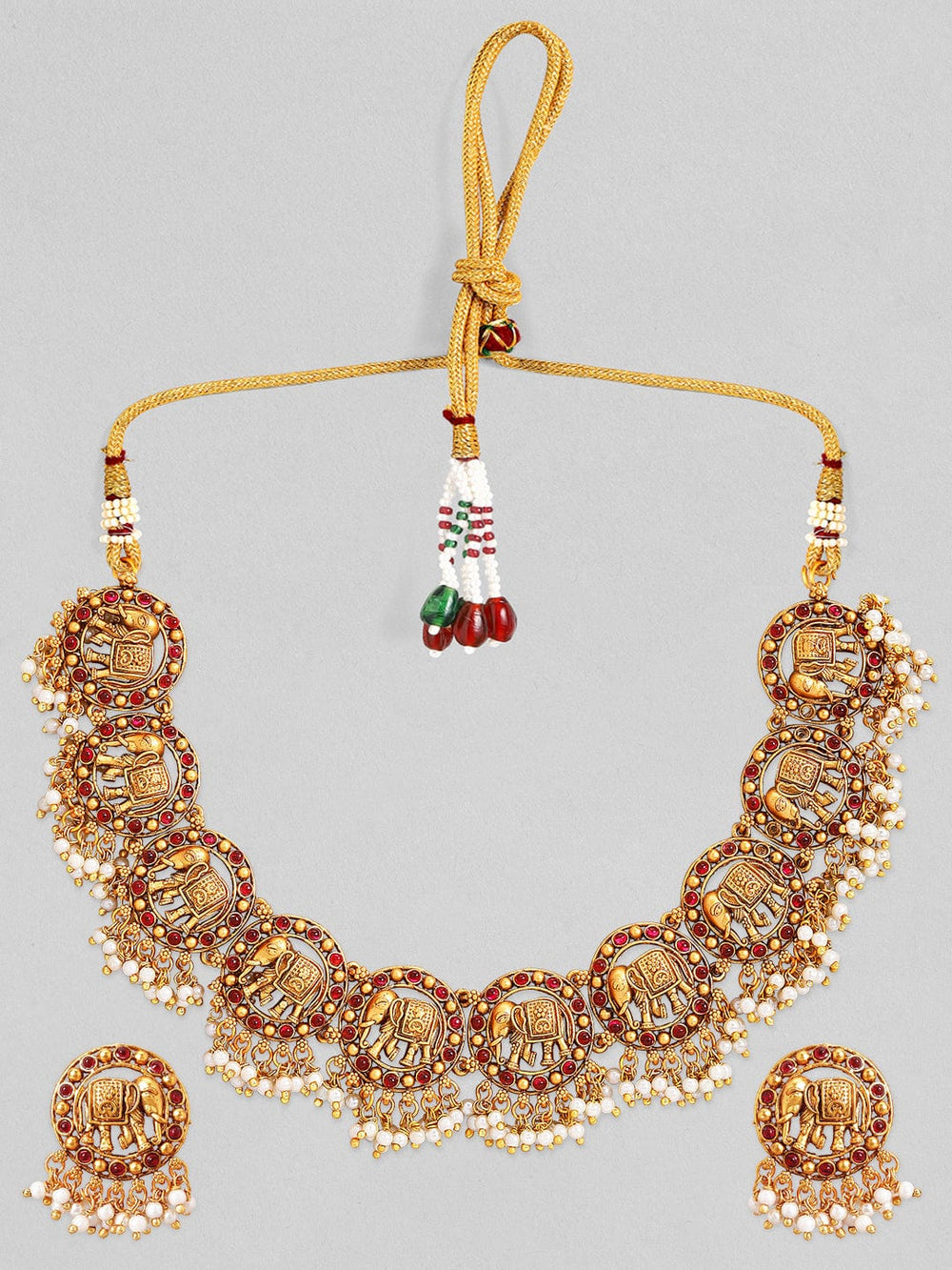 Rubans Gold Plated Red Stone Studded Elephant Motif Pearl Hangings Necklace Set. Necklace Set