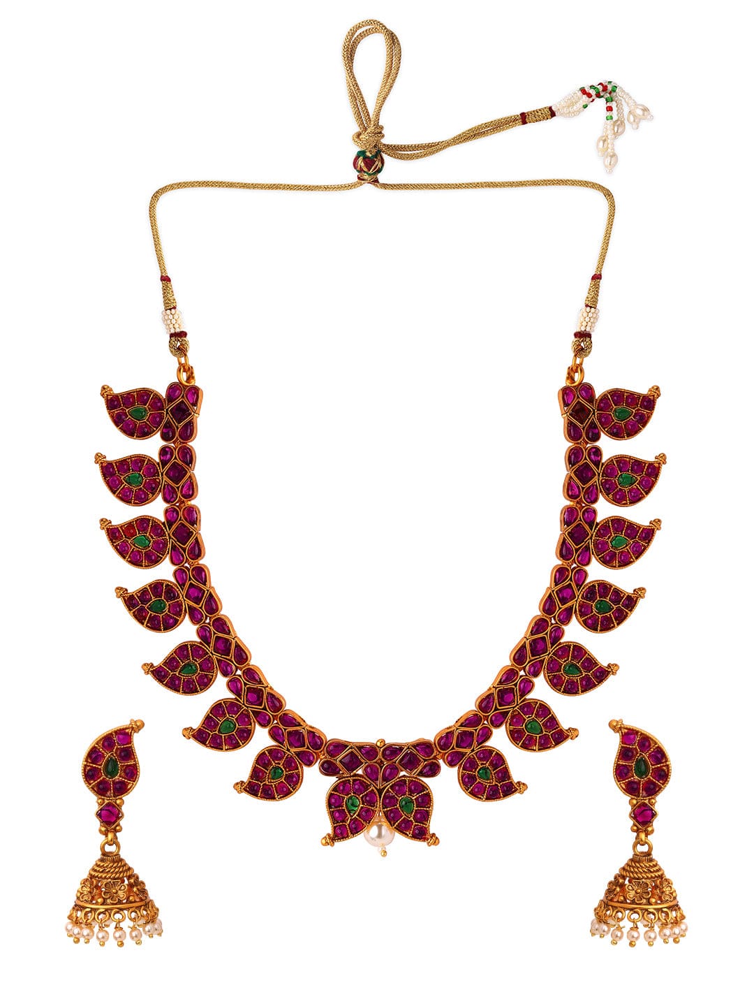 Rubans Gold Plated Red Stone Temple Necklace Set Necklace Set