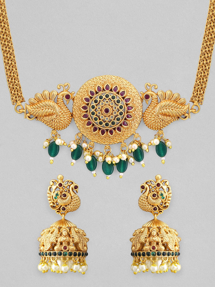 Rubans Gold-Plated Ruby Green Studded Choker Set Necklace Set