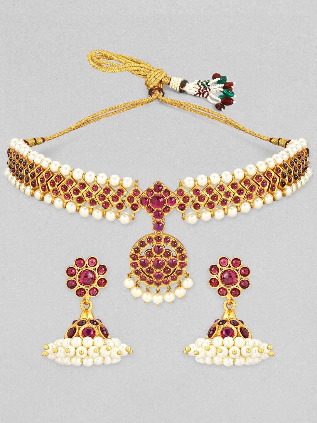 Rubans Gold -Plated Ruby & Pearl Studded Choker Set Necklace Set