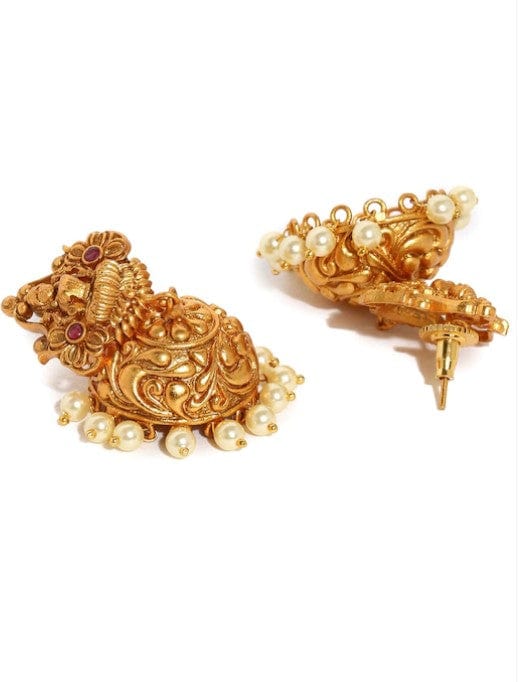 Gold plated silver lakshmi engraved lapis & pearl south indian jhumkas  earrings