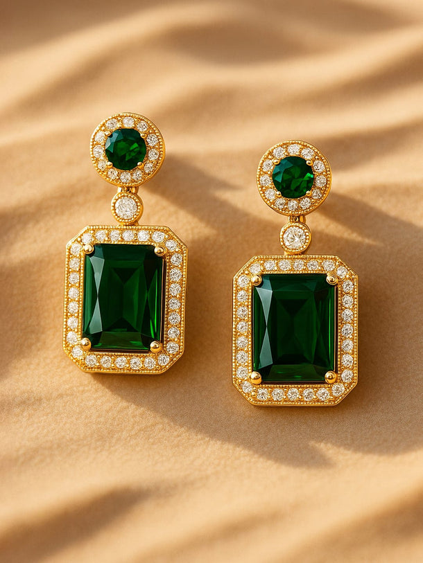 Rubans Gold Plated Stainless Steel Tarnish Free Waterproof Emerald Green Stone Drop Earrings Drop Earrings