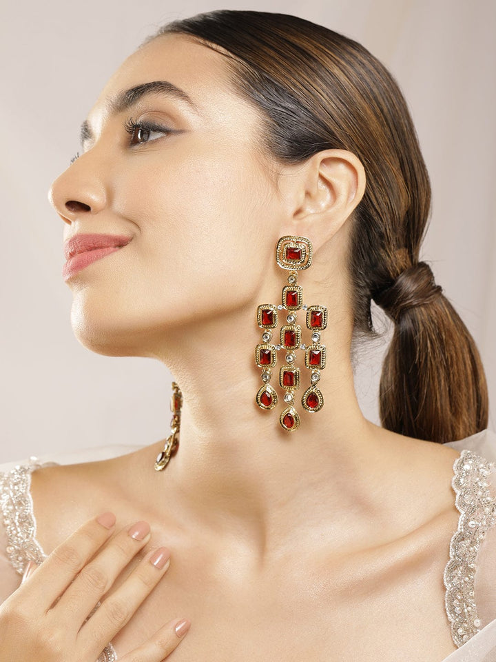 Rubans Gold-Plated Stone-Studded & Beaded Contemporary Drop Earrings Drop earrings