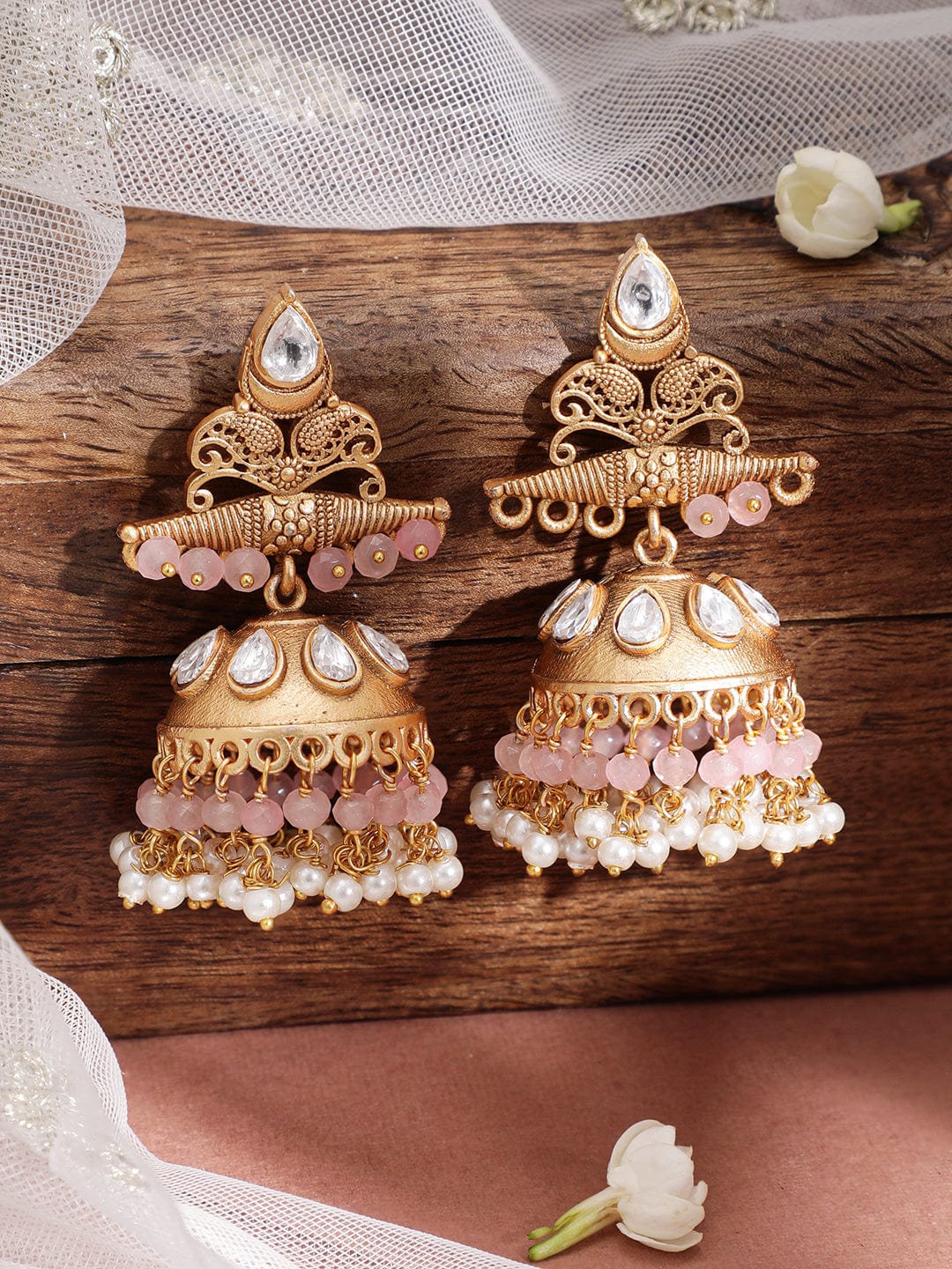 Rubans Gold-Plated Stone-Studded  Beaded Dome Shaped Jhumkas Earrings Earrings