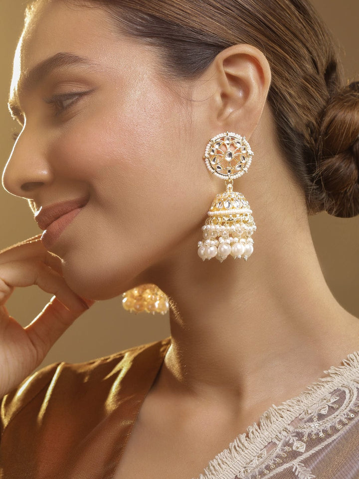 Rubans Gold Plated Stone Studded & Pearl Beaded Dome Shaped Jhumkas Earrings