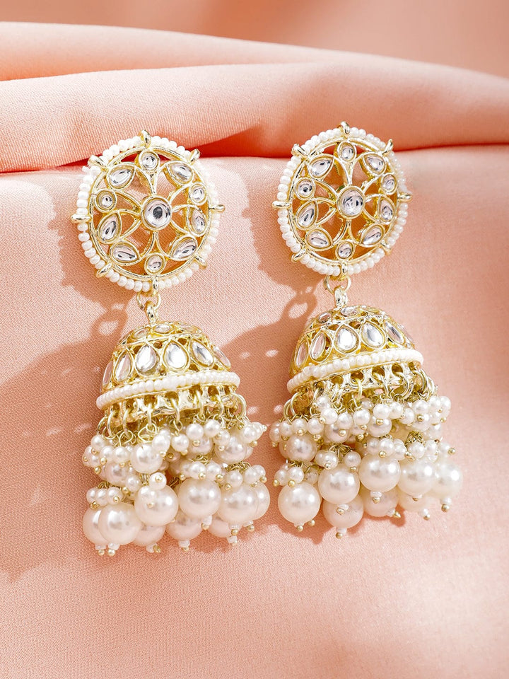 Rubans Gold Plated Stone Studded & Pearl Beaded Dome Shaped Jhumkas Earrings