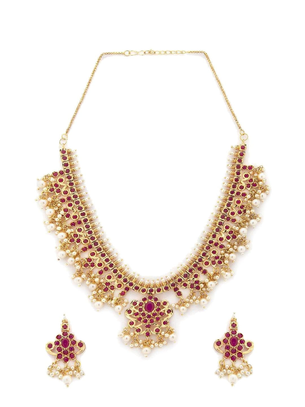 Rubans Gold Plated Traditional Faux Ruby Studded Embellished With Pearls Necklace Set Necklace Set