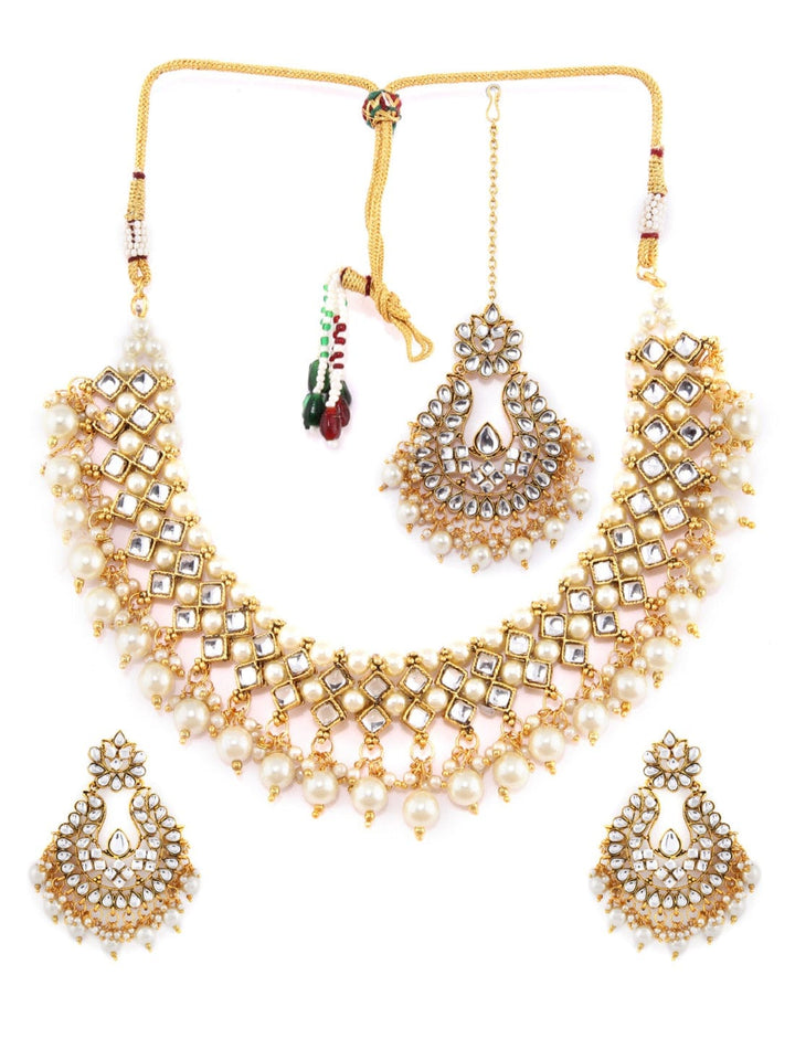 Rubans Gold Plated Traditional Kundan And Pearls Necklace Set With Maang Tikka Necklace Set