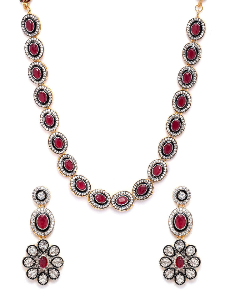 Rubans Gold Plated Vintage CZ Studded Faux Ruby Embellished  Necklace Set Necklace Set