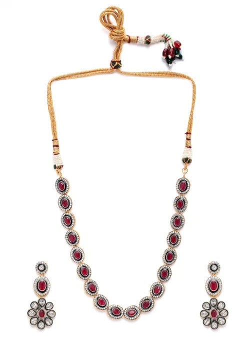 Rubans Gold Plated Vintage CZ Studded Faux Ruby Embellished  Necklace Set Necklace Set