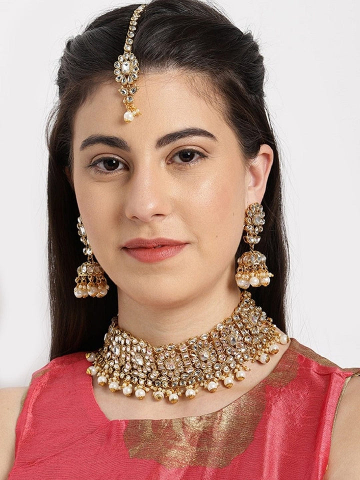 Rubans Gold-Plated White AD-Studded & Pearl Beaded Handcrafted Jewellery Set Necklaces, Necklace Sets, Chains & Mangalsutra