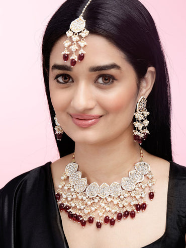 Rubans Gold-Plated & White Kundan-Studded & Beaded Jewellery Set Jewellery Set