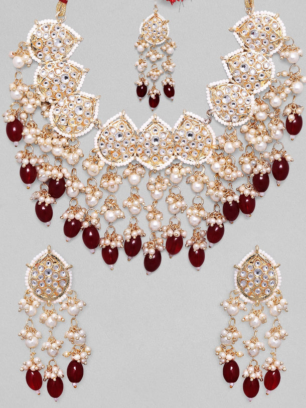 Rubans Gold-Plated & White Kundan-Studded & Beaded Jewellery Set Jewellery Set