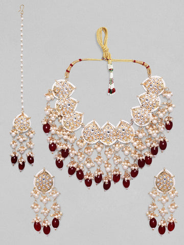 Rubans Gold-Plated & White Kundan-Studded & Beaded Jewellery Set Jewellery Set