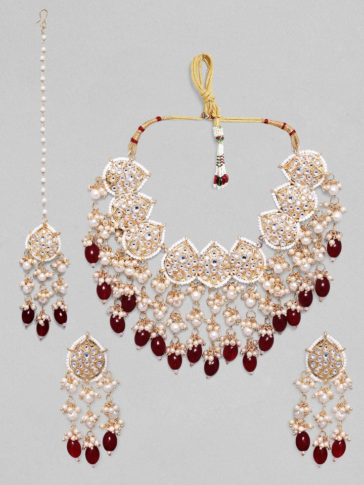 Rubans Gold-Plated & White Kundan-Studded & Beaded Jewellery Set Necklace Set