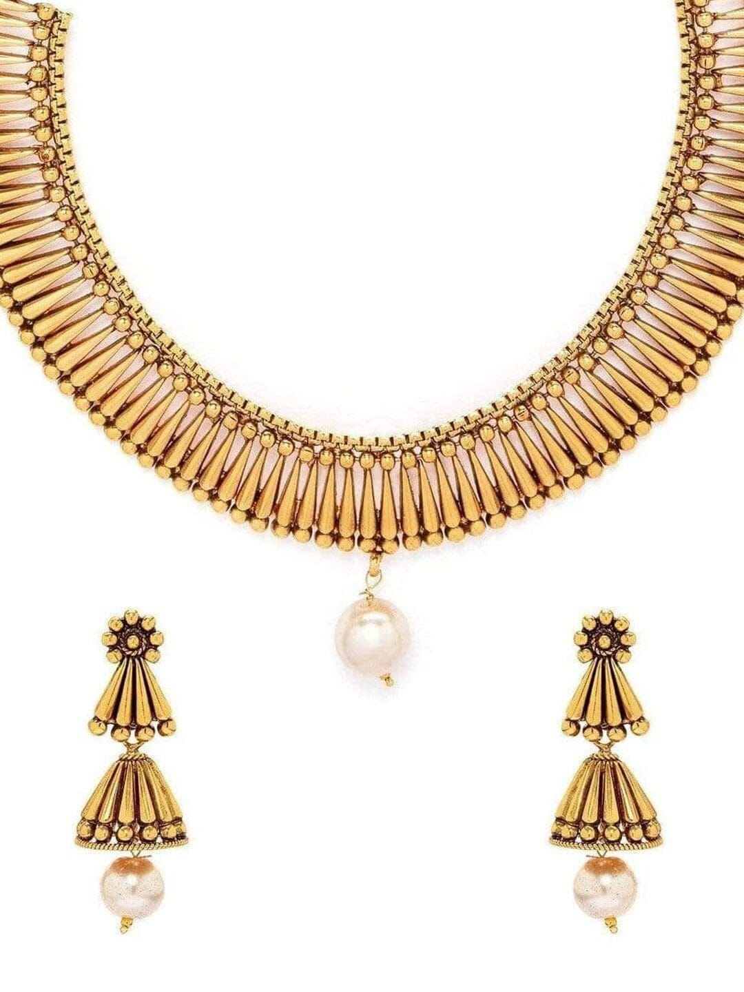 Rubans Gold-Plated White Pearls Beaded & Stones-Studded Handcrafted Embellished Jewellery Set Necklace Set