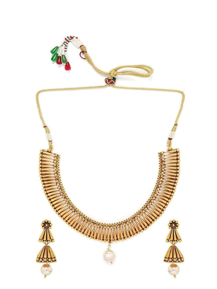 Rubans Gold-Plated White Pearls Beaded & Stones-Studded Handcrafted Embellished Jewellery Set Necklace Set