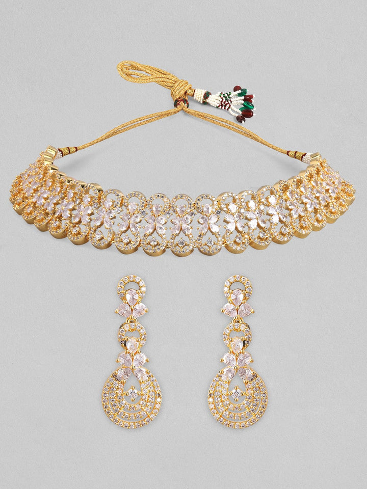 Rubans Gold Plated White Stone Studded American Diamond Necklace Set.