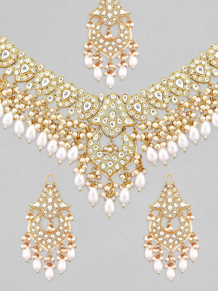 Rubans Gold-Plated White Stone Studded & Beaded Jewellery Set Necklace Set