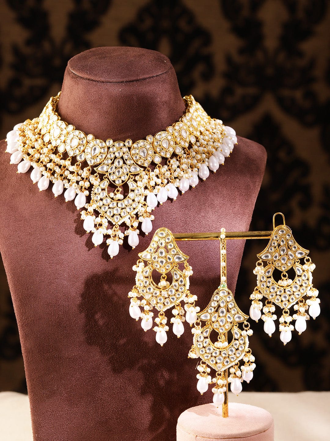 Rubans Gold-Plated White Stone Studded & Beaded Jewellery Set Necklaces, Necklace Sets, Chains & Mangalsutra