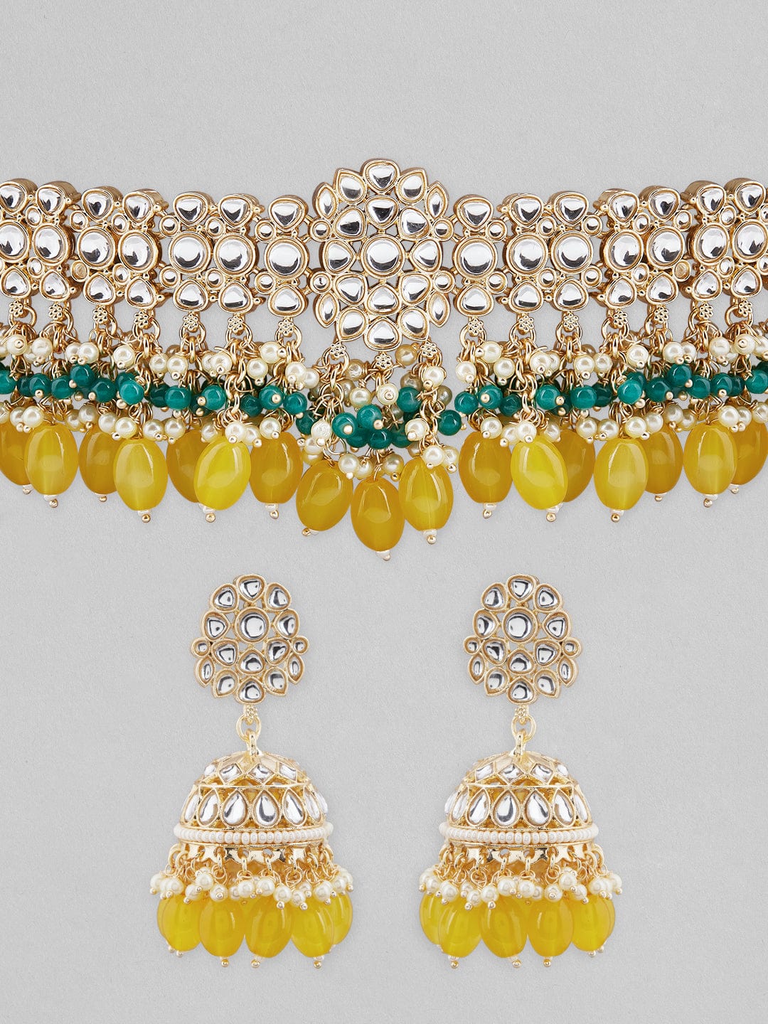 Rubans Gold Plated Yellow Colour Kundan Choker Set With Yellow And Green. Necklace Set