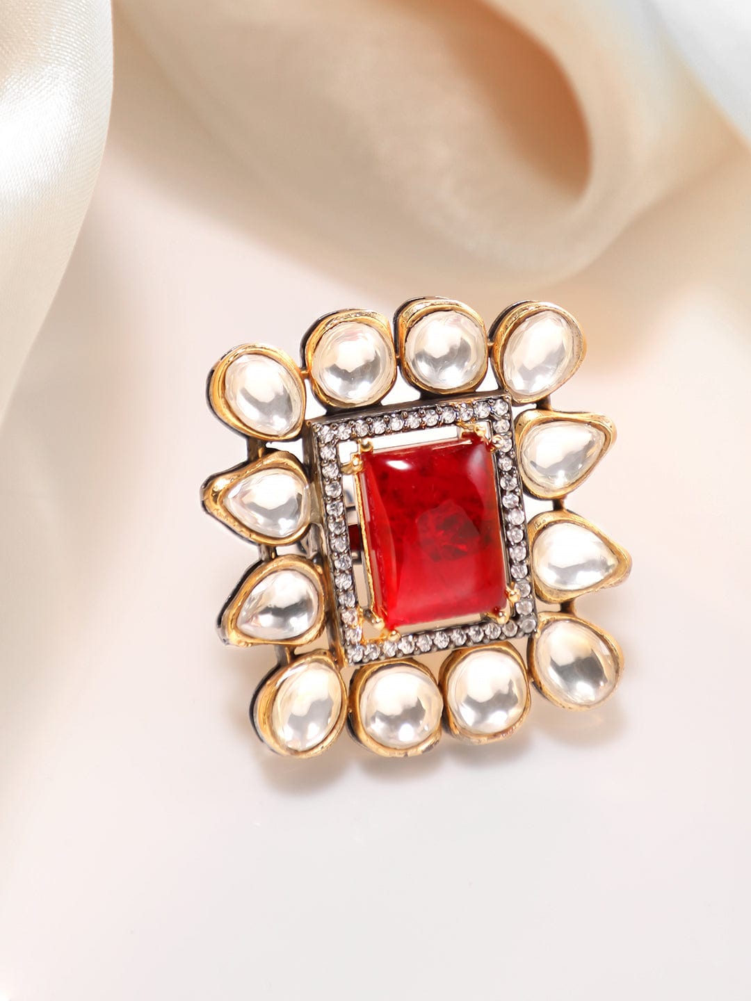 Rubans Gold Plated Zirconia & Ruby Red Doublet Kundan Ring Rings