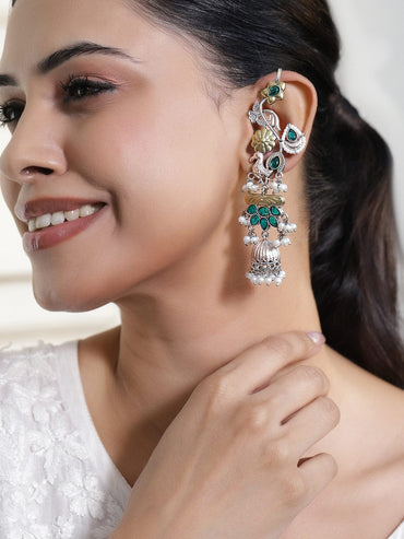 Rubans Gold & Silver Dual-Plated Oversize Ear Cuff Earrings with Peacock Design, Green Stones & Pearl Drops Earrings