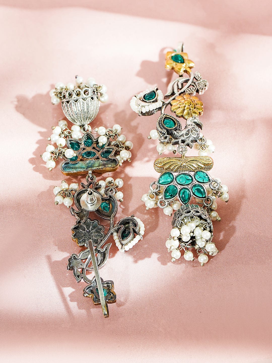 Rubans Gold & Silver Dual-Plated Oversize Ear Cuff Earrings with Peacock Design, Green Stones & Pearl Drops Earrings