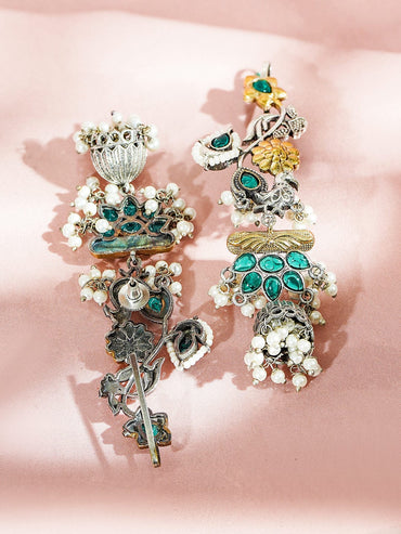 Rubans Gold & Silver Dual-Plated Oversize Ear Cuff Earrings with Peacock Design, Green Stones & Pearl Drops Earrings