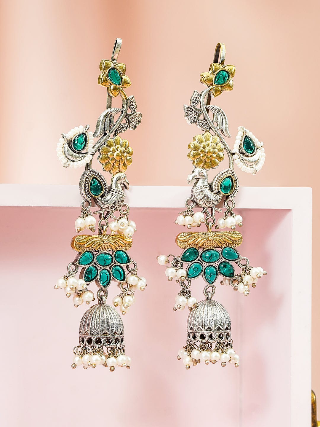 Rubans Gold & Silver Dual-Plated Oversize Ear Cuff Earrings with Peacock Design, Green Stones & Pearl Drops Earrings