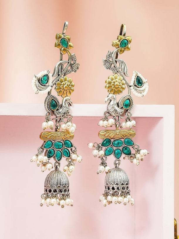 Rubans Gold & Silver Dual-Plated Oversize Ear Cuff Earrings with Peacock Design, Green Stones & Pearl Drops Earrings