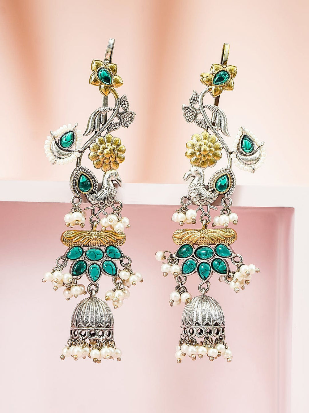 Rubans Gold & Silver Dual-Plated Oversize Ear Cuff Earrings with Peacock Design, Green Stones & Pearl Drops Earrings