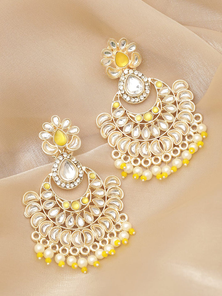 Rubans Gold-Tone Chandbali Earrings with White Beads and Stones Earrings