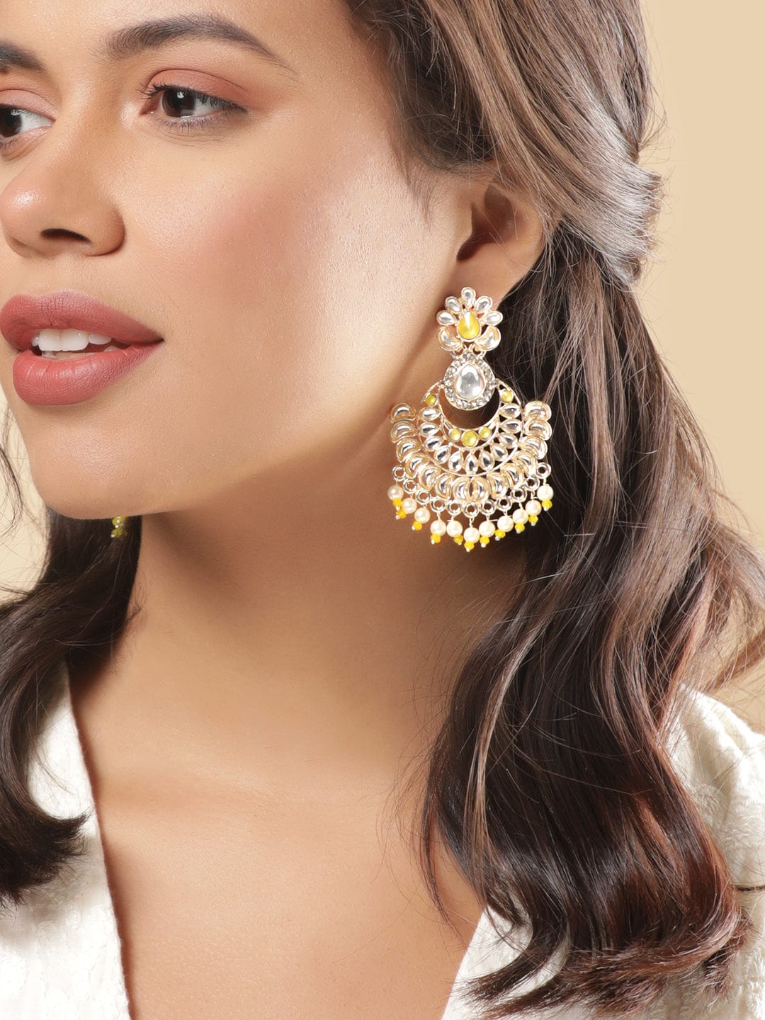 Rubans Gold-Tone Chandbali Earrings with White Beads and Stones Earrings