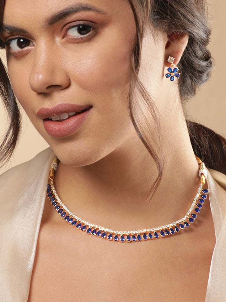 Rubans Gold-Toned & Blue CZ Stone-Studded Necklace Set Necklaces, Necklace Sets, Chains & Mangalsutra