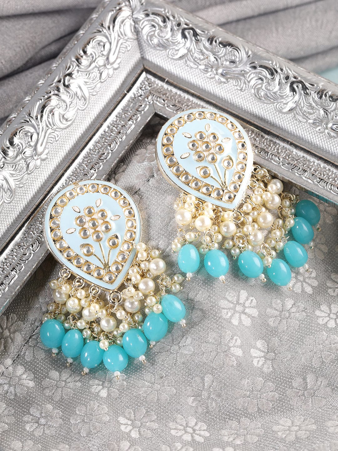 Rubans Gold toned Blue enamel Kundan studded pearl dangle Earrings Earrings