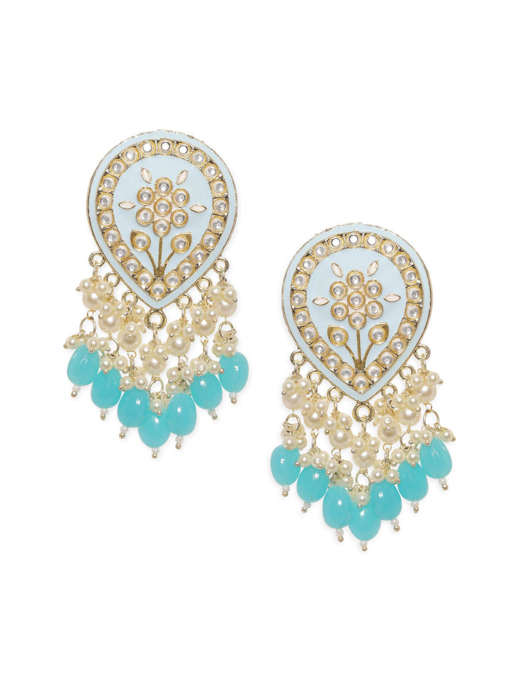 Rubans Gold toned Blue enamel Kundan studded pearl dangle Earrings Earrings