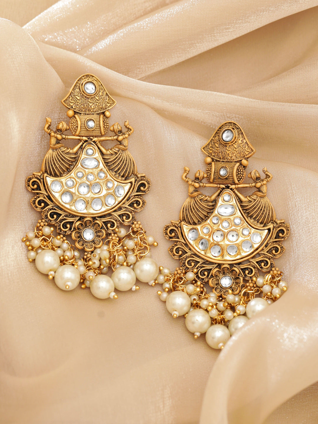Rubans Gold-Toned Chandelier Earrings with Dangling Pearls Earrings